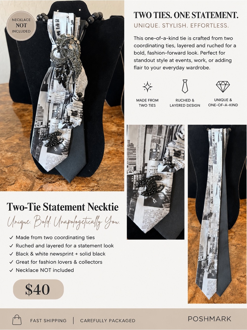 Two-Tie Statement Necktie - Black & White Newsprint